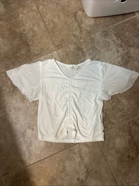 H&M White Eyelet Flutter Sleeve V-Neck Top with Front Ruching